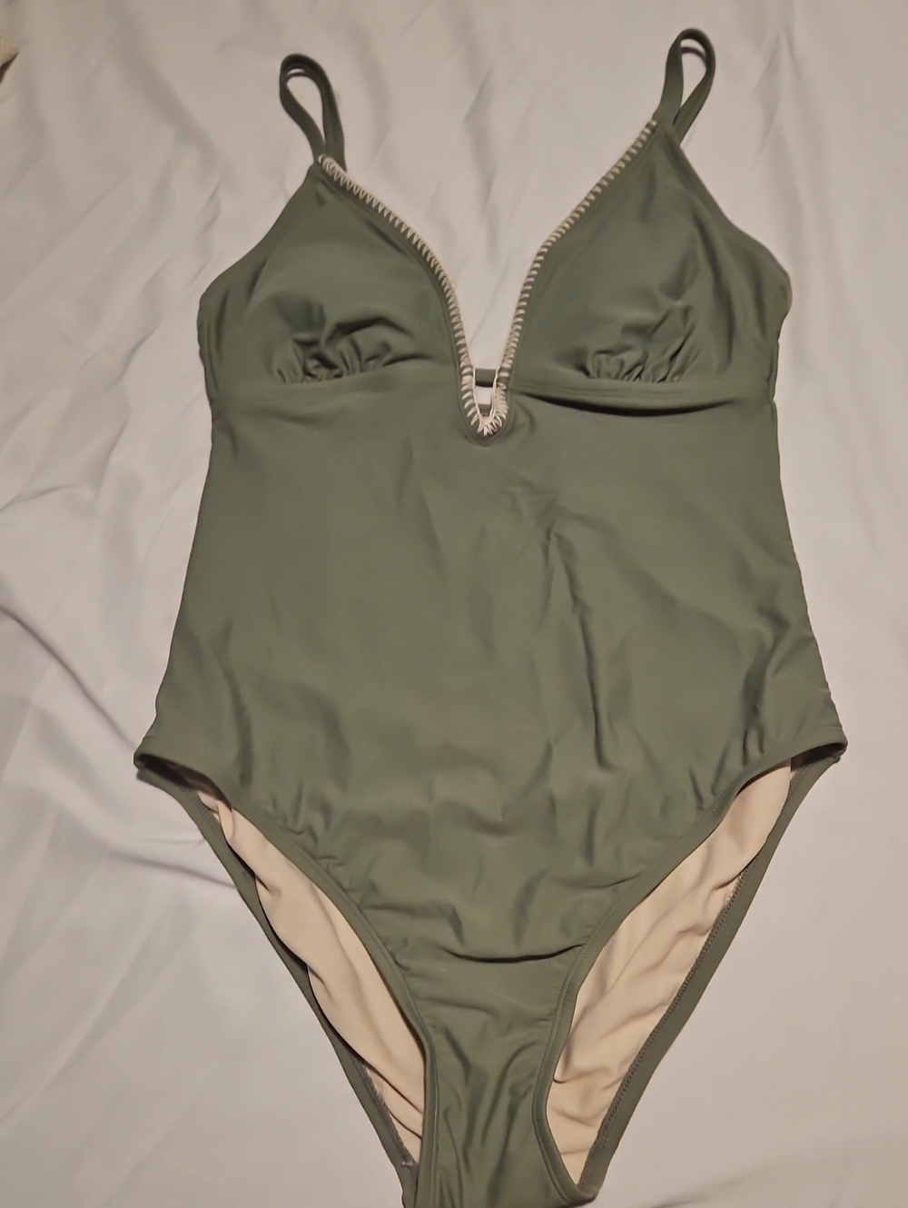 Olive Green One-Piece Swimsuit with V-Notch Trim